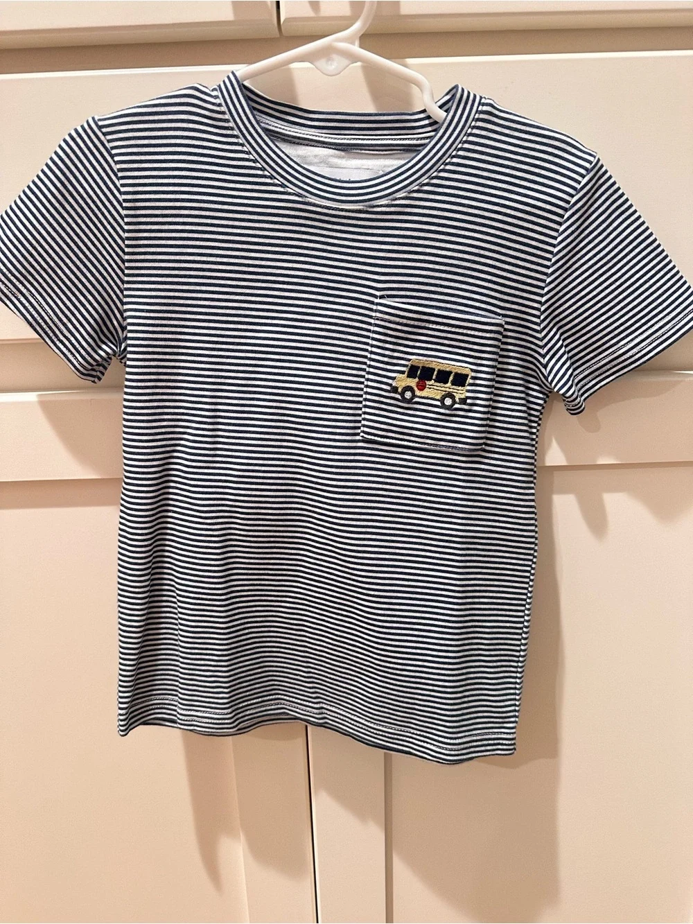 Navy & White Striped Short Sleeve Tee with Bus Patch